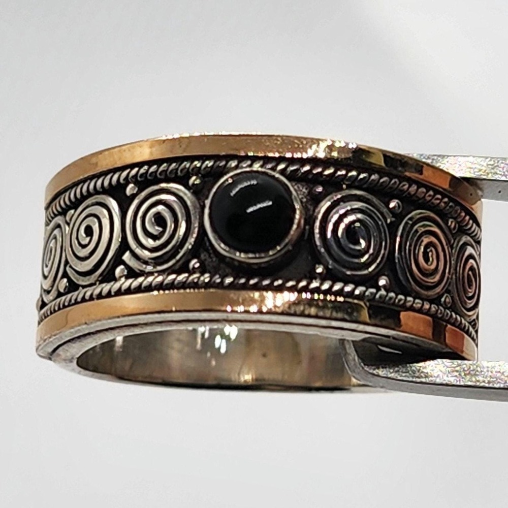 Artisan Black Onyx Sterling Silver Ring Women 6.25 Black 18K Gold Boho Swirl